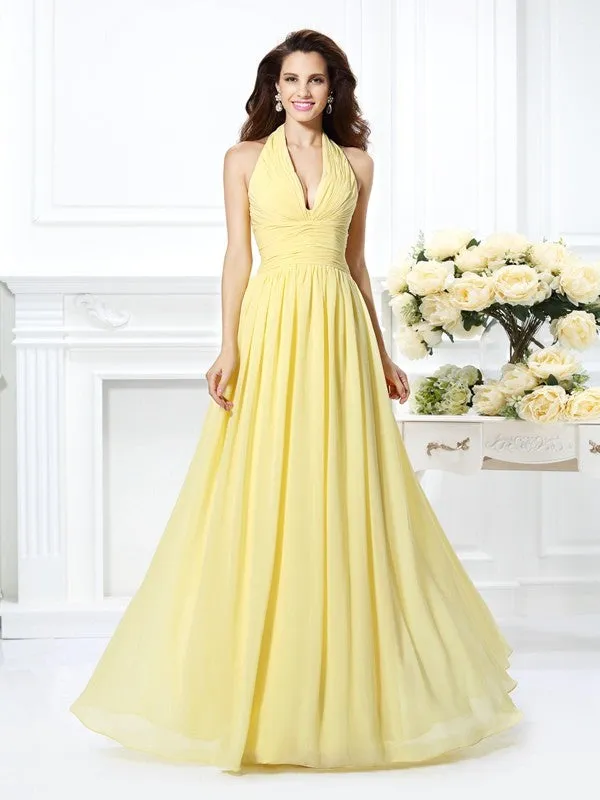 A-Line Chiffon Halter Sleeveless Floor-Length With Pleats Bridesmaid Dresses