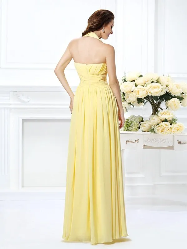 A-Line Chiffon Halter Sleeveless Floor-Length With Pleats Bridesmaid Dresses