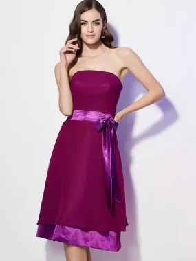A-Line Chiffon Strapless Sleeveless Knee-Length With Bowknot Bridesmaid Dresses