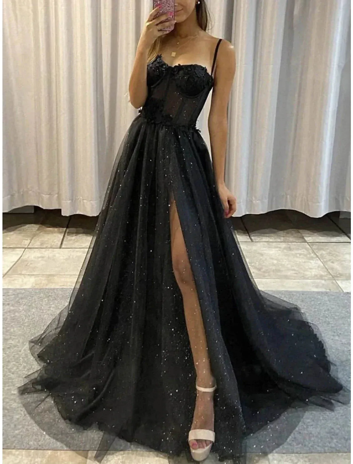 A-Line Prom Dresses Glitter Black Wedding Dresses Formal Gothic Dress Floor Length Sleeveless Sweetheart Spaghetti Tulle with Slit