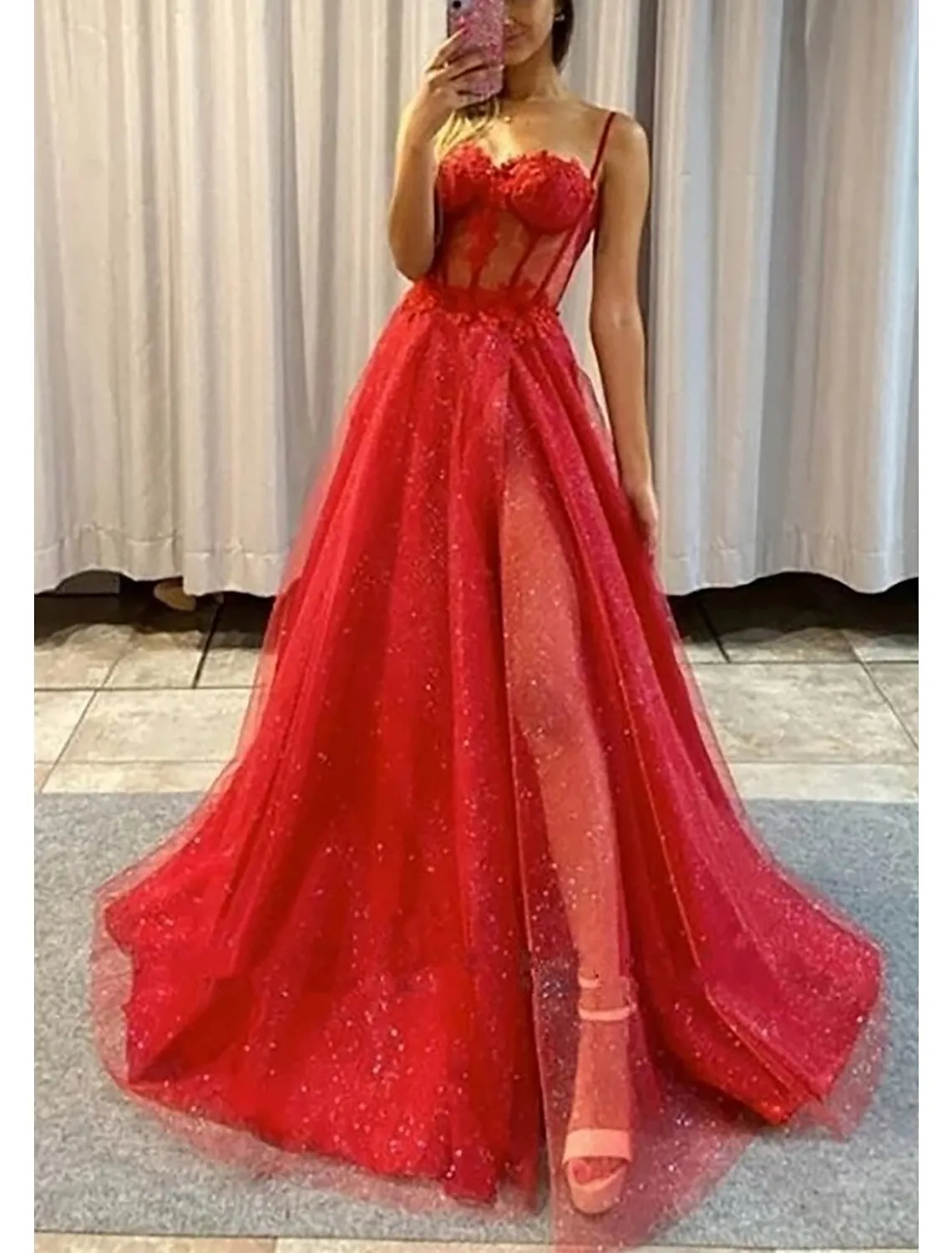 A-Line Prom Dresses Glitter Black Wedding Dresses Formal Gothic Dress Floor Length Sleeveless Sweetheart Spaghetti Tulle with Slit