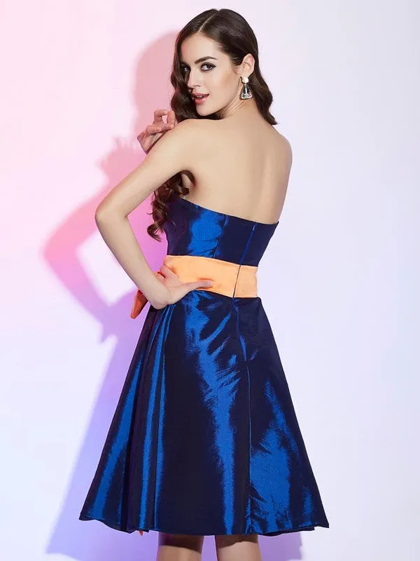 A-Line Taffeta Strapless Sleeveless Knee-Length With Sash/Ribbon/Belt Bridesmaid Dresses
