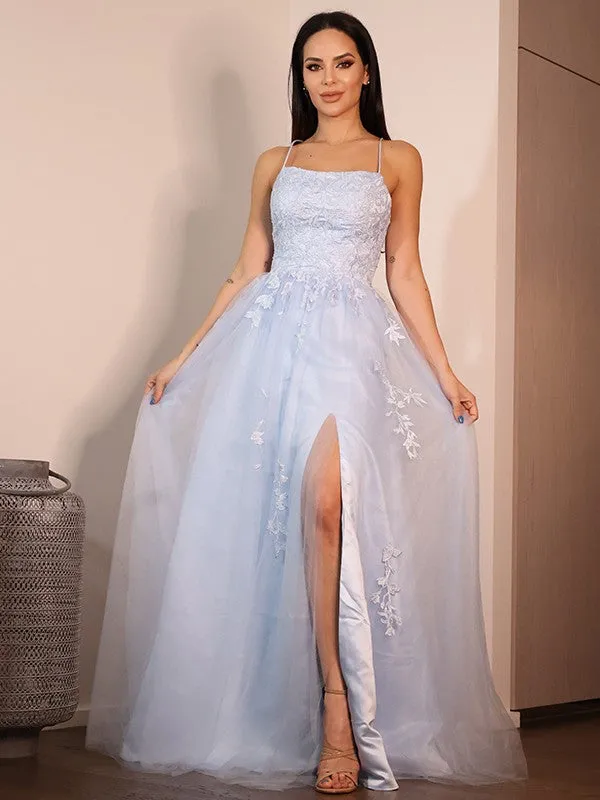 A-Line/Princess Lace Ruffles Spaghetti Straps Sleeveless Floor-Length Dresses