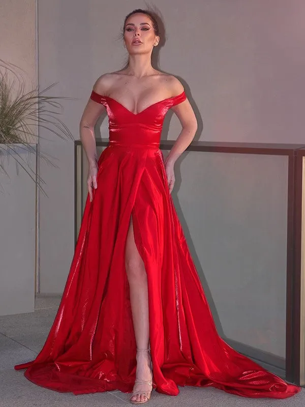 A-Line/Princess Ruffles Off-the-Shoulder Sleeveless Sweep/Brush Train Dresses