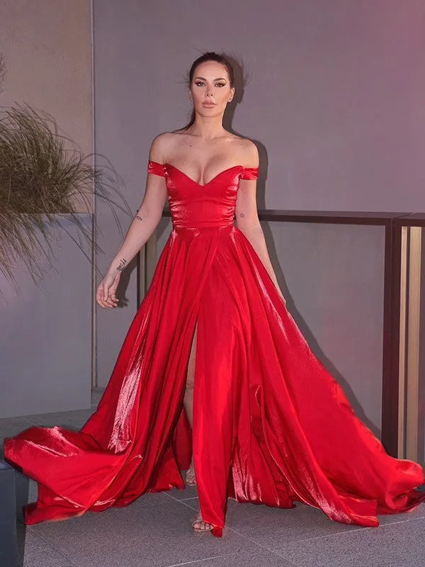 A-Line/Princess Ruffles Off-the-Shoulder Sleeveless Sweep/Brush Train Dresses