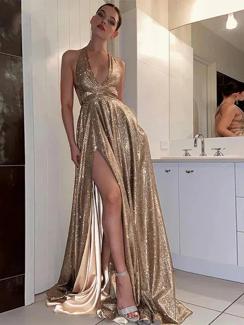 A-Line/Princess Ruffles V-neck Sleeveless Sweep/Brush Train Dresses Sparkly Evening Dress With Slit