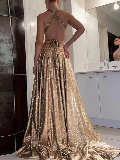 A-Line/Princess Ruffles V-neck Sleeveless Sweep/Brush Train Dresses Sparkly Evening Dress With Slit