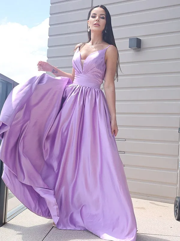 A-Line/Princess Satin Ruched V-neck Sleeveless Sweep/Brush Train Dresses