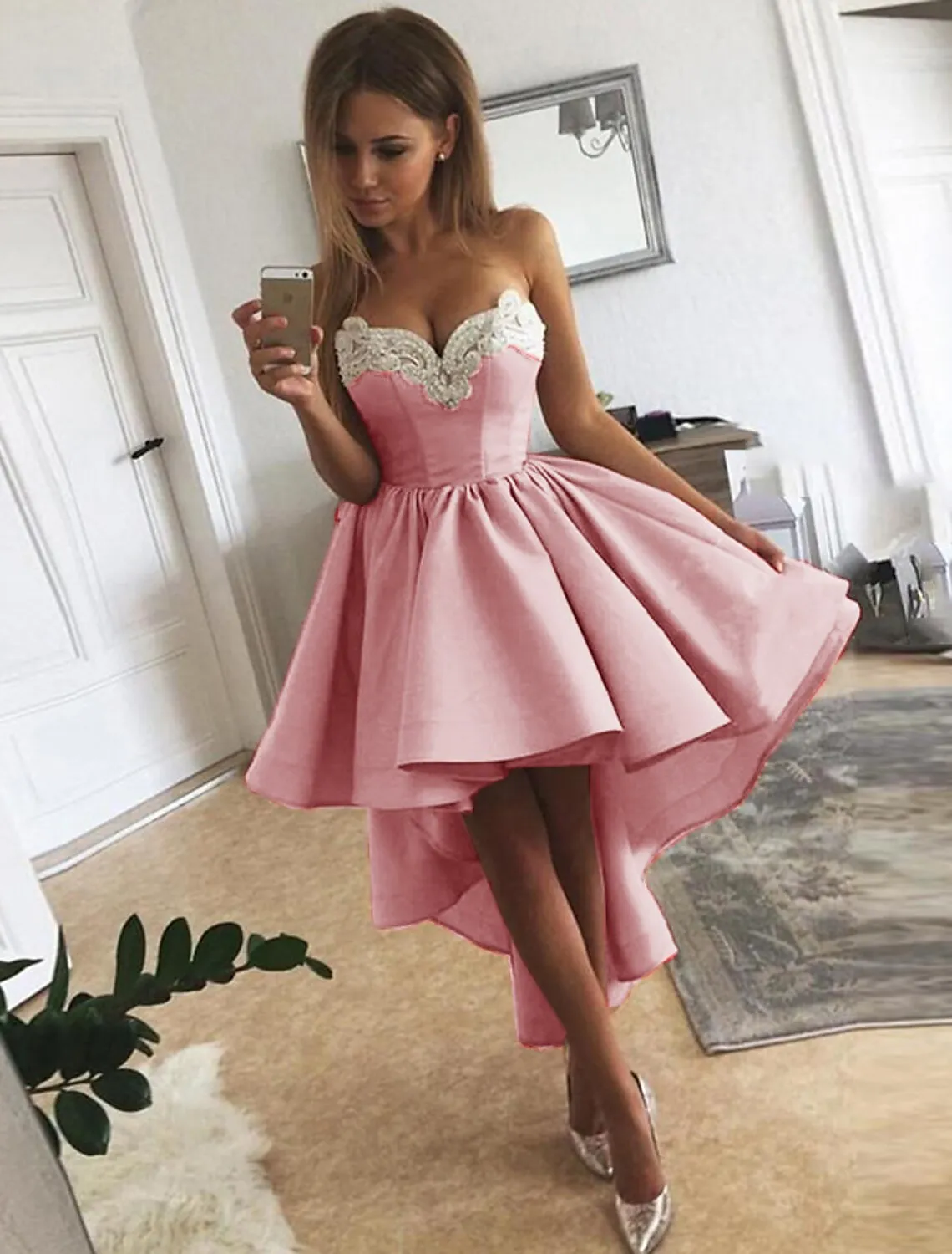 Aimishang  A-Line Cocktail Dresses Minimalist Dress Homecoming Asymmetrical Sleeveless Strapless Satin with Appliques