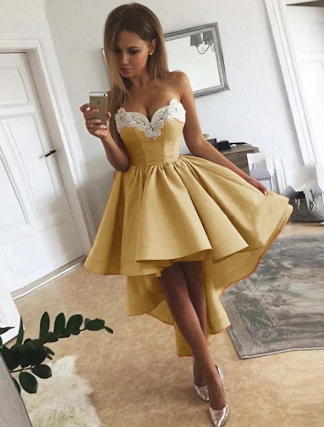 Aimishang  A-Line Cocktail Dresses Minimalist Dress Homecoming Asymmetrical Sleeveless Strapless Satin with Appliques