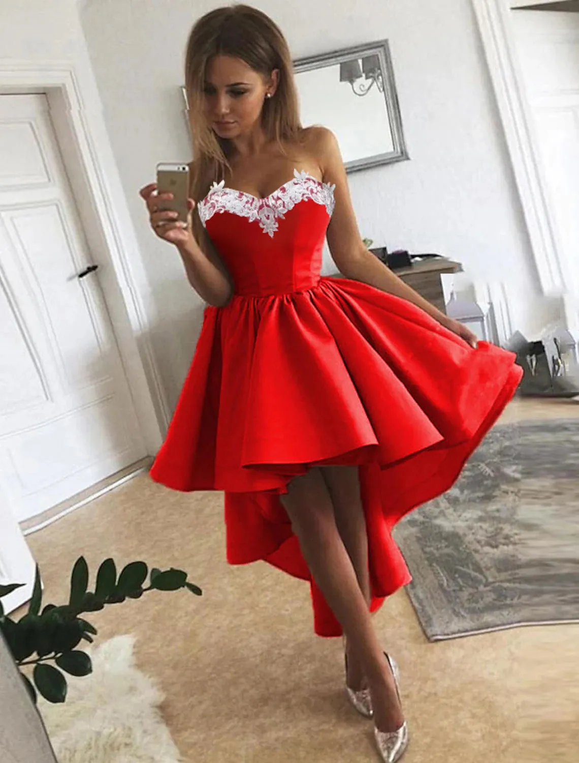 Aimishang  A-Line Cocktail Dresses Minimalist Dress Homecoming Asymmetrical Sleeveless Strapless Satin with Appliques