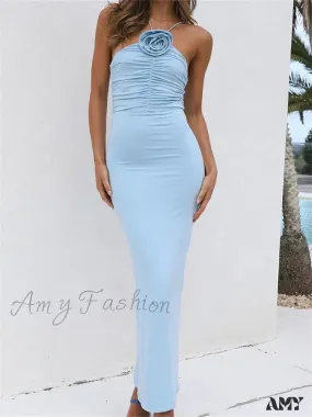 Amy Fashion - Women Summer Halter Beach  Solid 3D Flower Ruched Backless Sleeveless Off Shoulder Female Vestidos