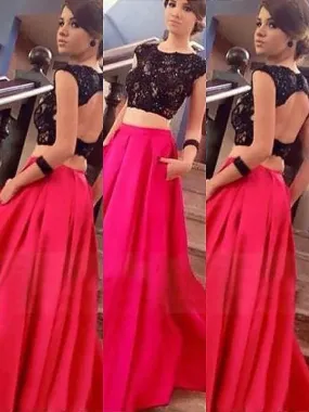 Bateau Sleeveless Satin Floor-Length With Lace Two Piece Dresses