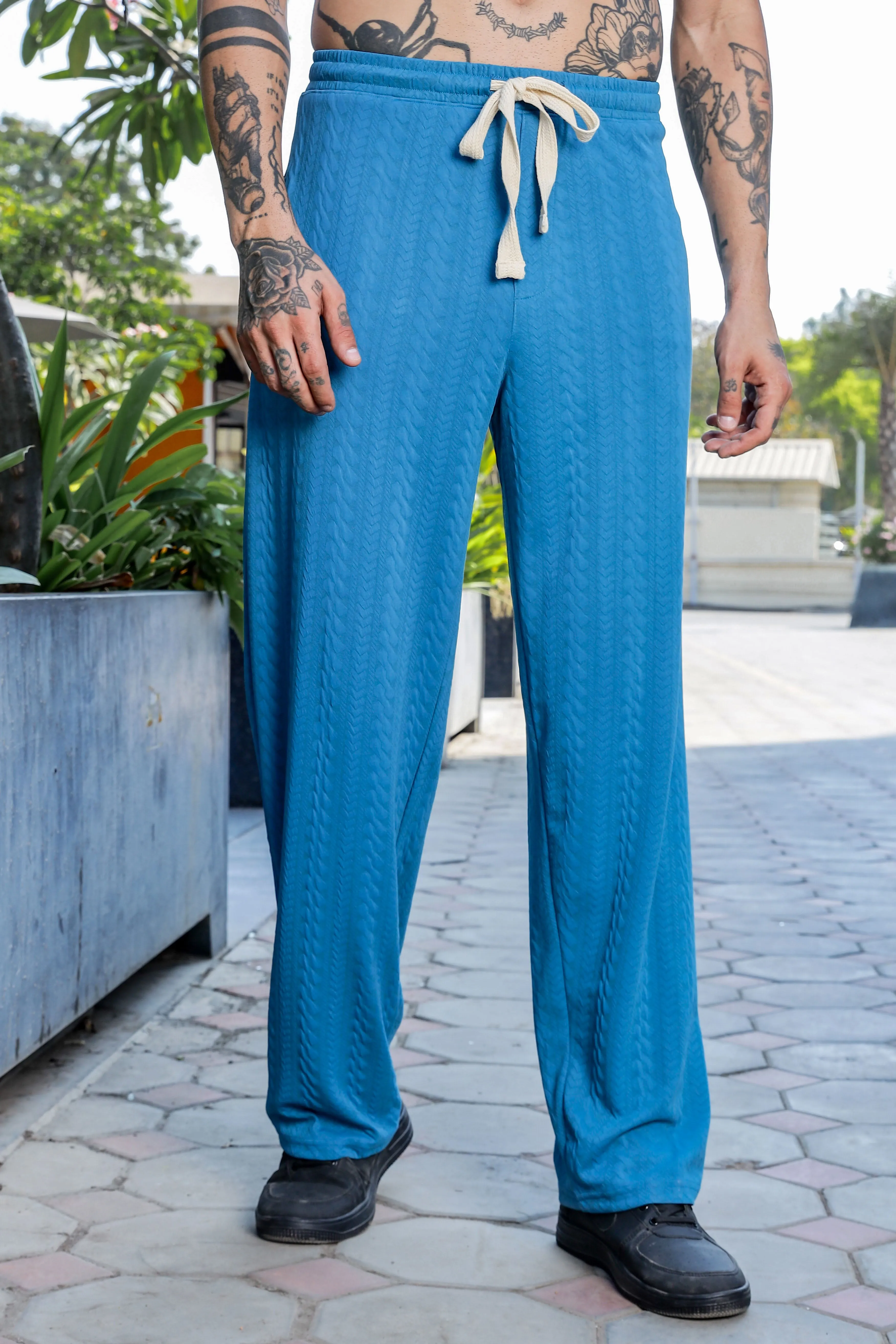 Blue Textured Oversized Round Neck Tee  & Track Pant Co-ord Set