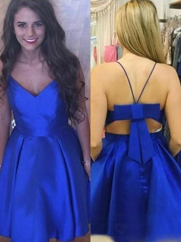 Bridelily A-Line Satin Spaghetti Straps Sleeveless Short/Mini Dresses  With Bowknot