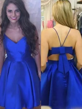 Bridelily A-Line Satin Spaghetti Straps Sleeveless Short/Mini Dresses  With Bowknot