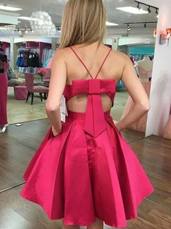 Bridelily A-Line Satin Spaghetti Straps Sleeveless Short/Mini Dresses  With Bowknot