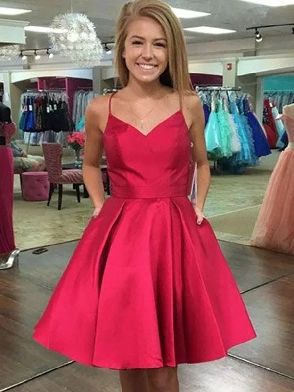 Bridelily A-Line Satin Spaghetti Straps Sleeveless Short/Mini Dresses  With Bowknot