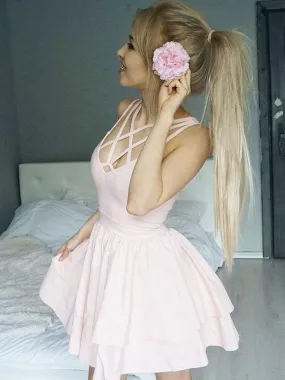 Bridelily A-Line Satin Spaghetti Straps Sleeveless With Ruffles Short/Mini Dresses