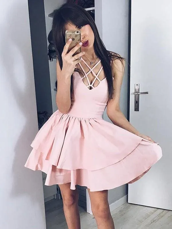Bridelily A-Line Satin Spaghetti Straps Sleeveless With Ruffles Short/Mini Dresses