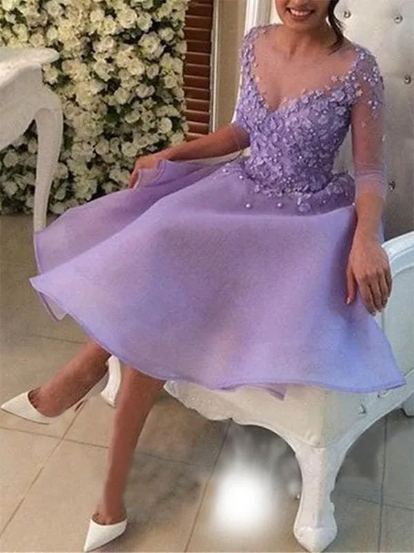 Bridelily A-Line V-neck 3/4 Sleeves Knee-Length With Applique Organza Dresses