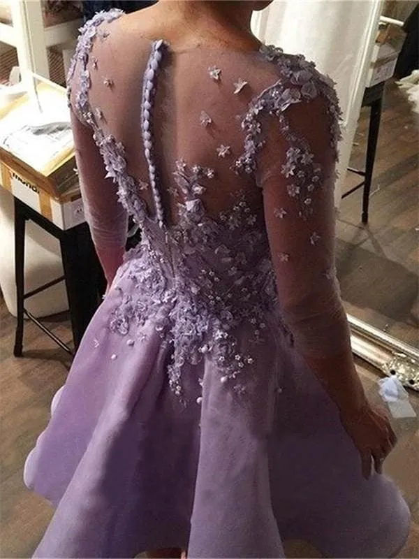 Bridelily A-Line V-neck 3/4 Sleeves Knee-Length With Applique Organza Dresses