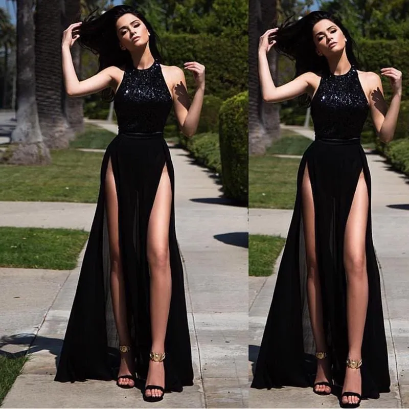 Bridelily High Neck Front Slits Chiffon Evening Dress 2019 Lace Sexy Prom Dress Long