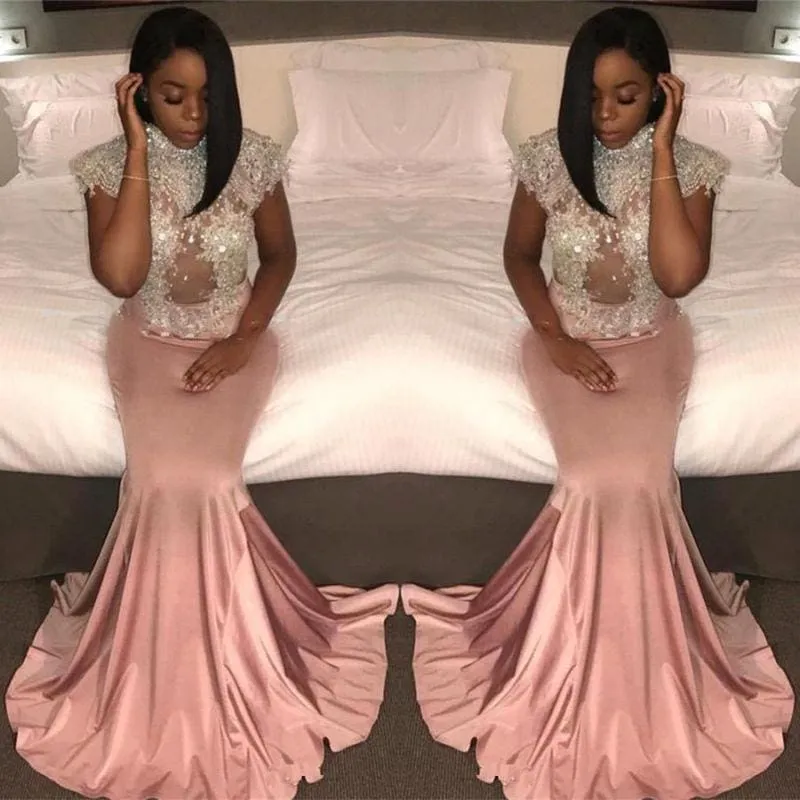 Bridelily Pretty Cap-Sleeve Crystal Mermaid High-Neck Prom Dress