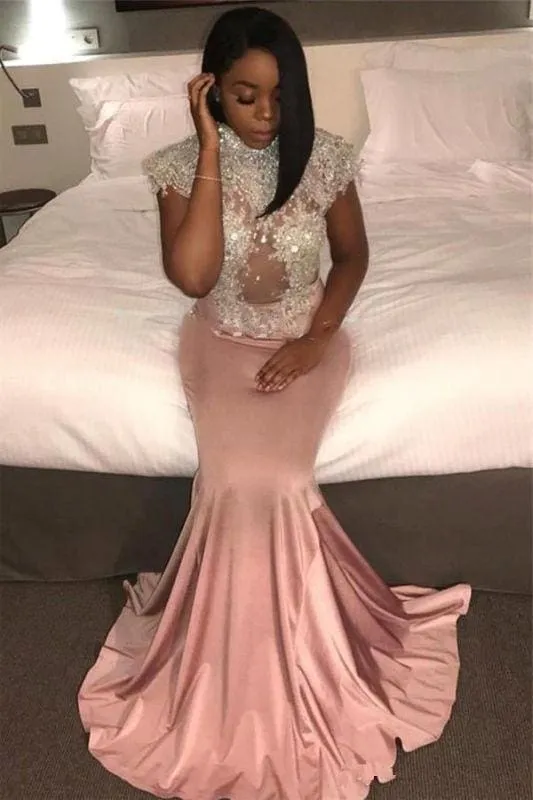 Bridelily Pretty Cap-Sleeve Crystal Mermaid High-Neck Prom Dress