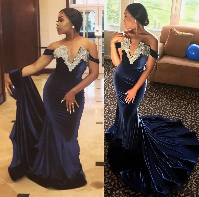 Bridelily Sexy V Neck Crystal Mermaid Off Shoulder Beaded Velvet Prom Dresses