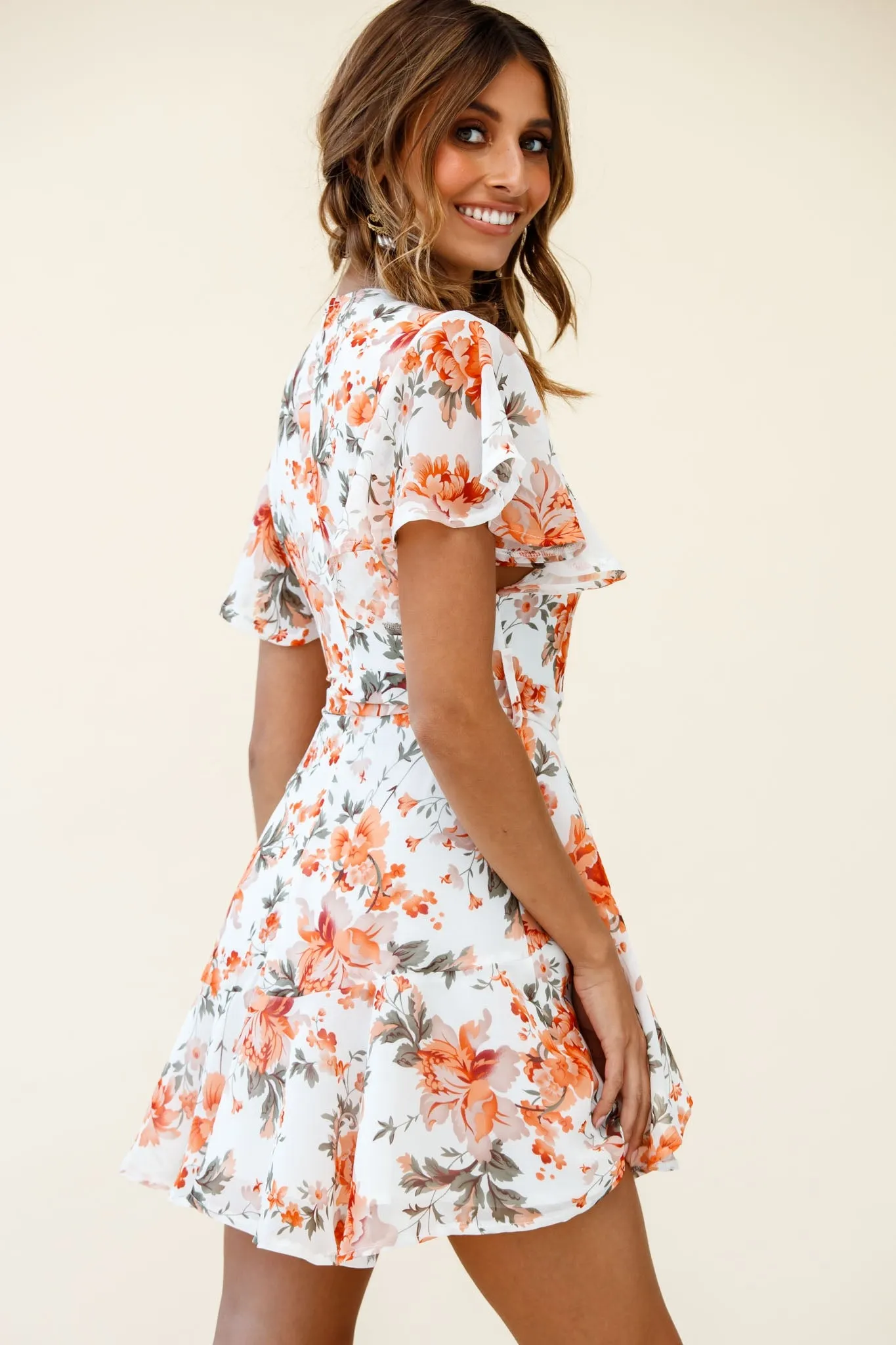 Cami Angel Sleeve Faux Wrap Dress Rose Print Orange