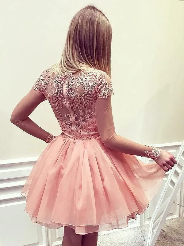 Chiffon Bateau Long A-line Sleeves Short/Mini With Applique Dresses