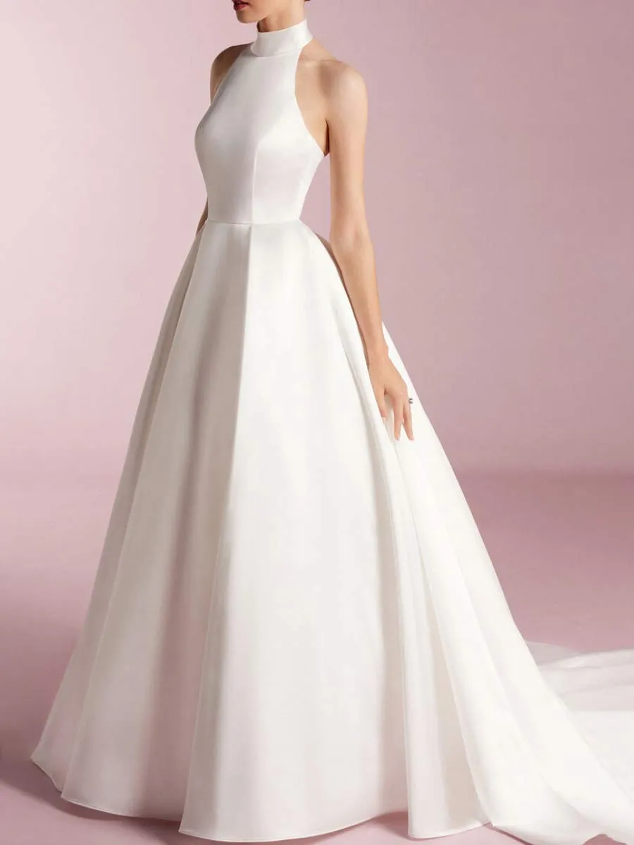 High Neck Sleeveless Wedding Dress Luxury Satin A-Line