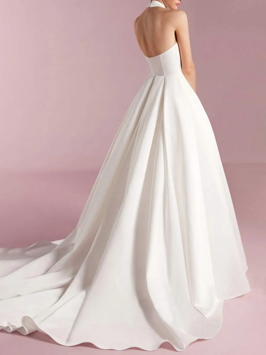 High Neck Sleeveless Wedding Dress Luxury Satin A-Line