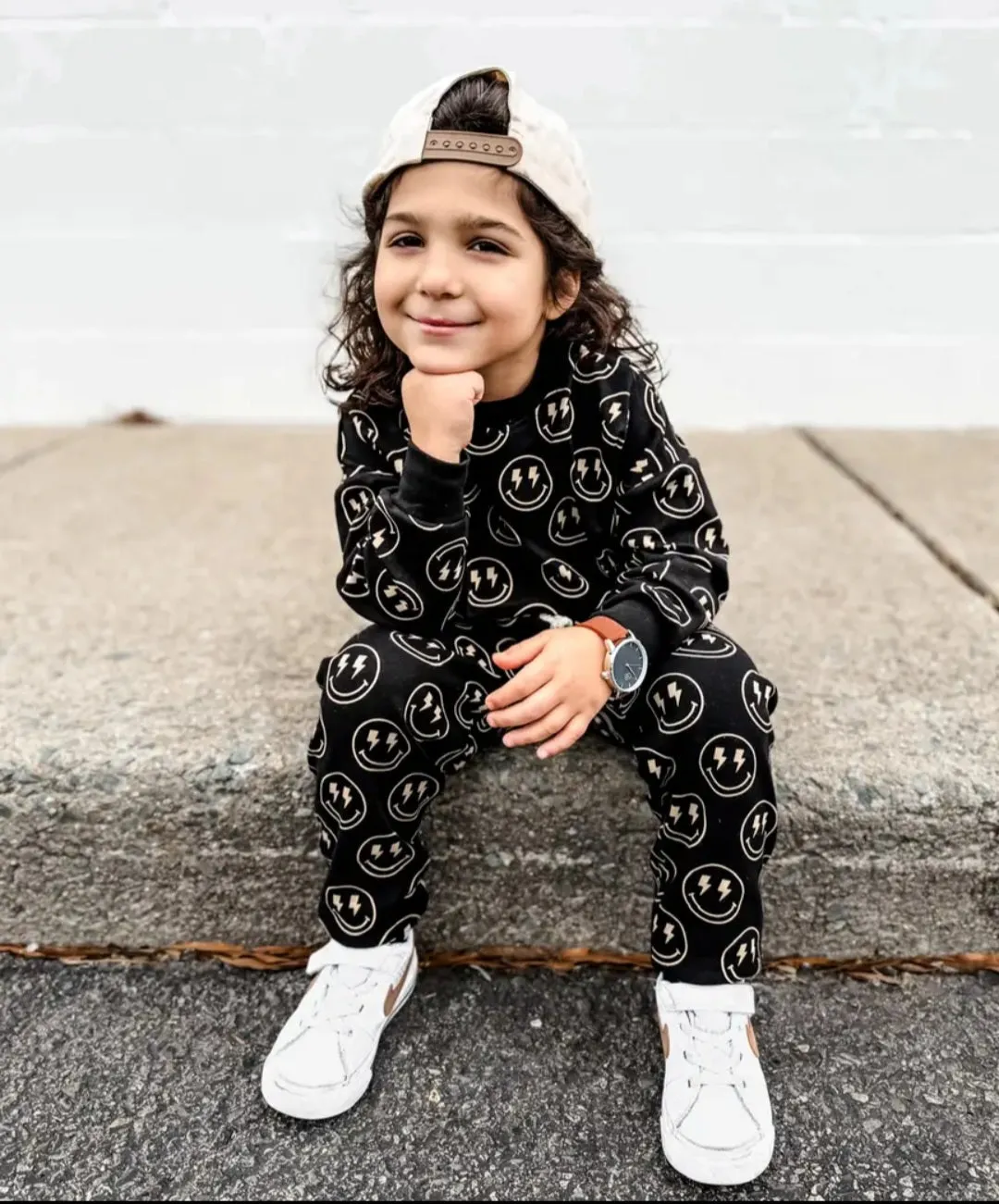 Trendy Black Smiley & Lightning Bolt Kids Sweatshirt and Jogger Set/Boys two piece sets