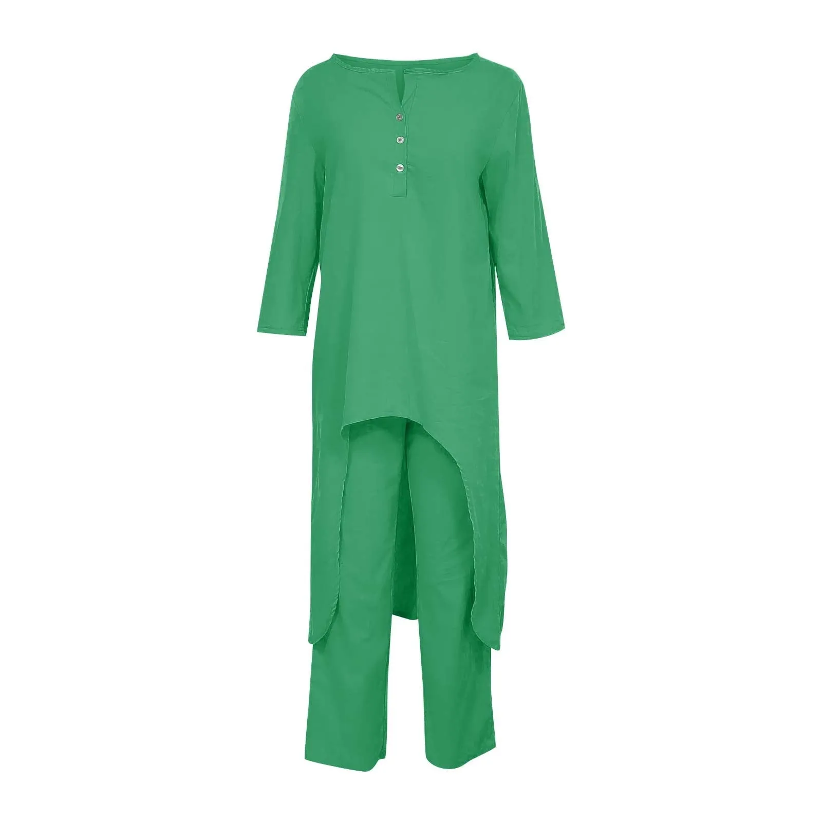 Two Piece Cotton Outfits for Women High Low Hem 3/4 Sleeve Blouse with Pants Sets Solid Plain Matching Clothes Sets Ladies Loose Fit Loungewear    1947881