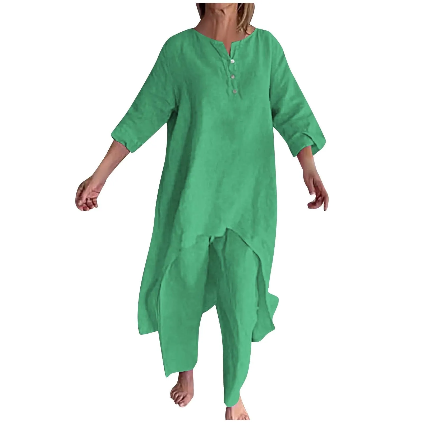 Two Piece Cotton Outfits for Women High Low Hem 3/4 Sleeve Blouse with Pants Sets Solid Plain Matching Clothes Sets Ladies Loose Fit Loungewear    1947881