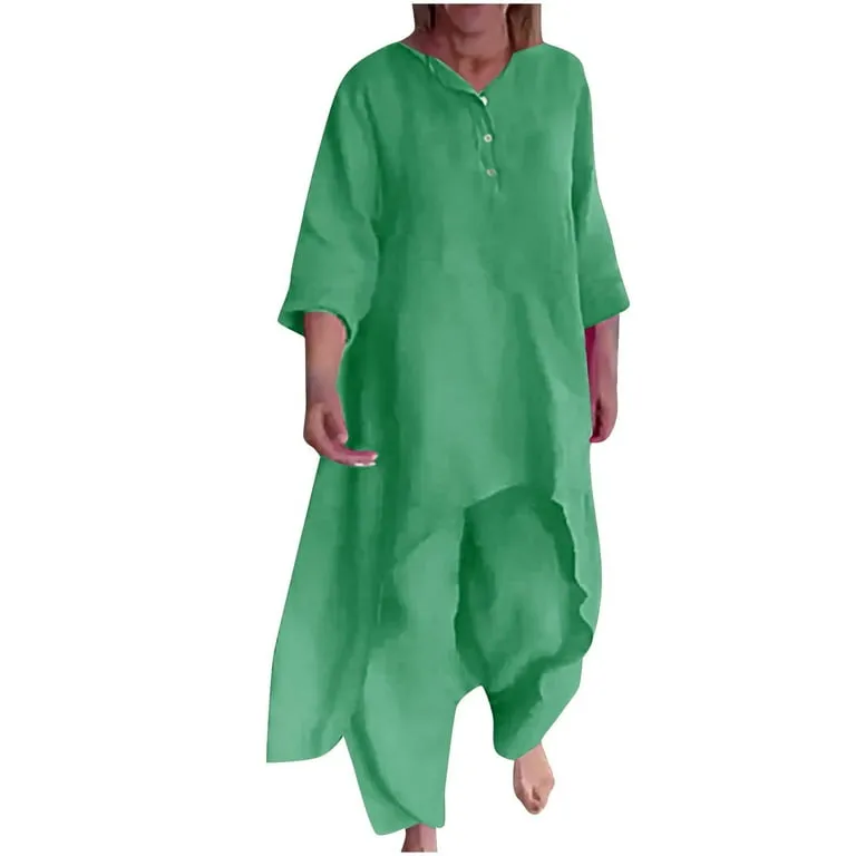 Two Piece Cotton Outfits for Women High Low Hem 3/4 Sleeve Blouse with Pants Sets Solid Plain Matching Clothes Sets Ladies Loose Fit Loungewear    1947881