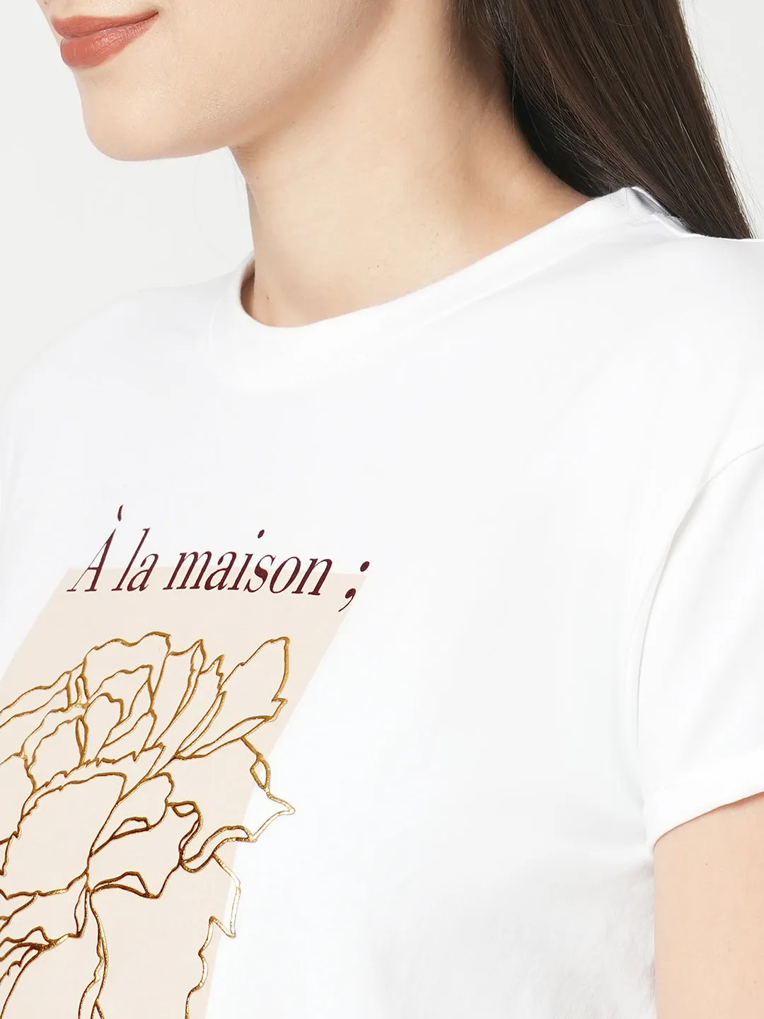 Women Slim Fit White Crop Chest Print T-Shirt