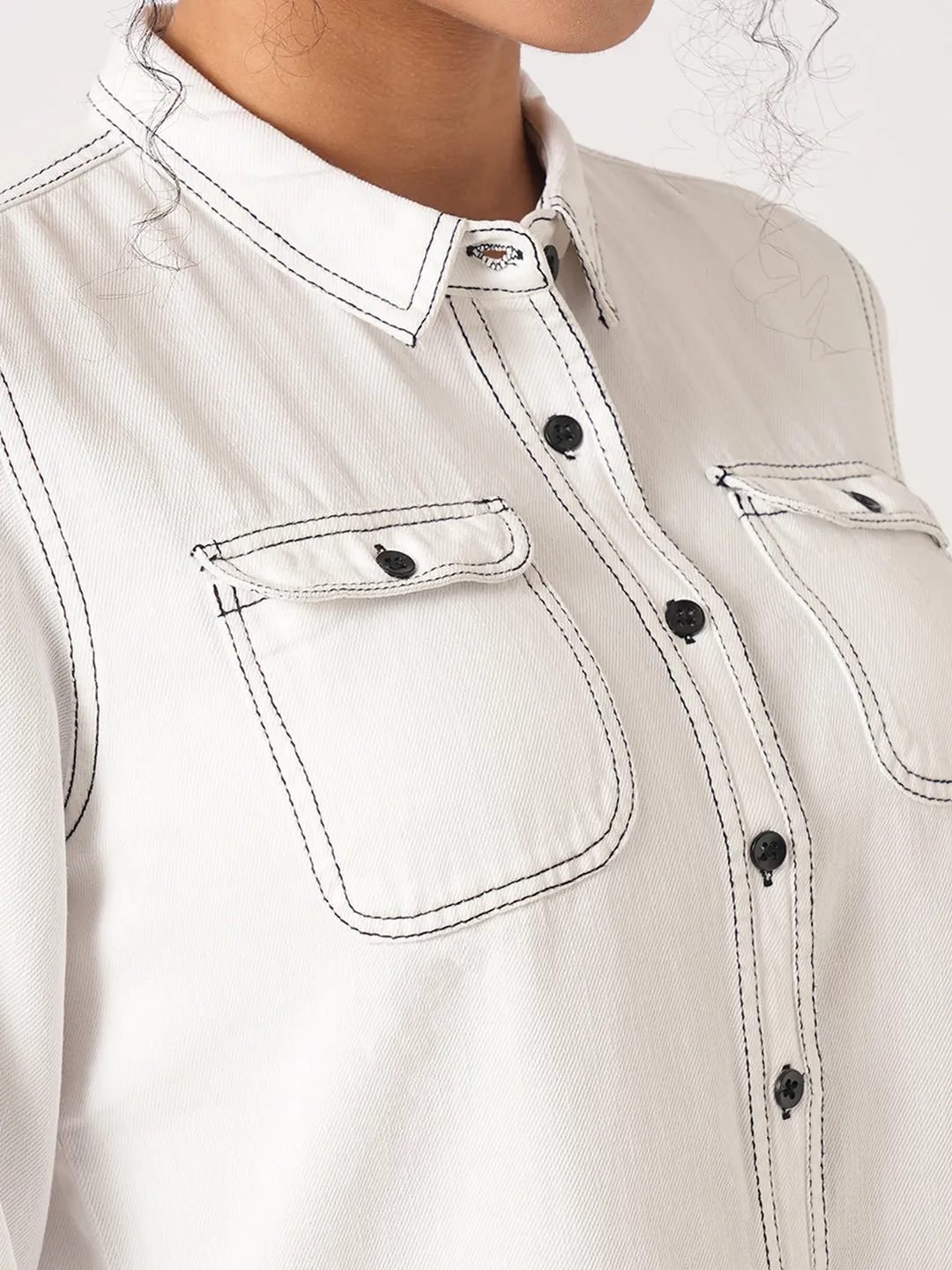 Women Slim Fit White Crop Shirt