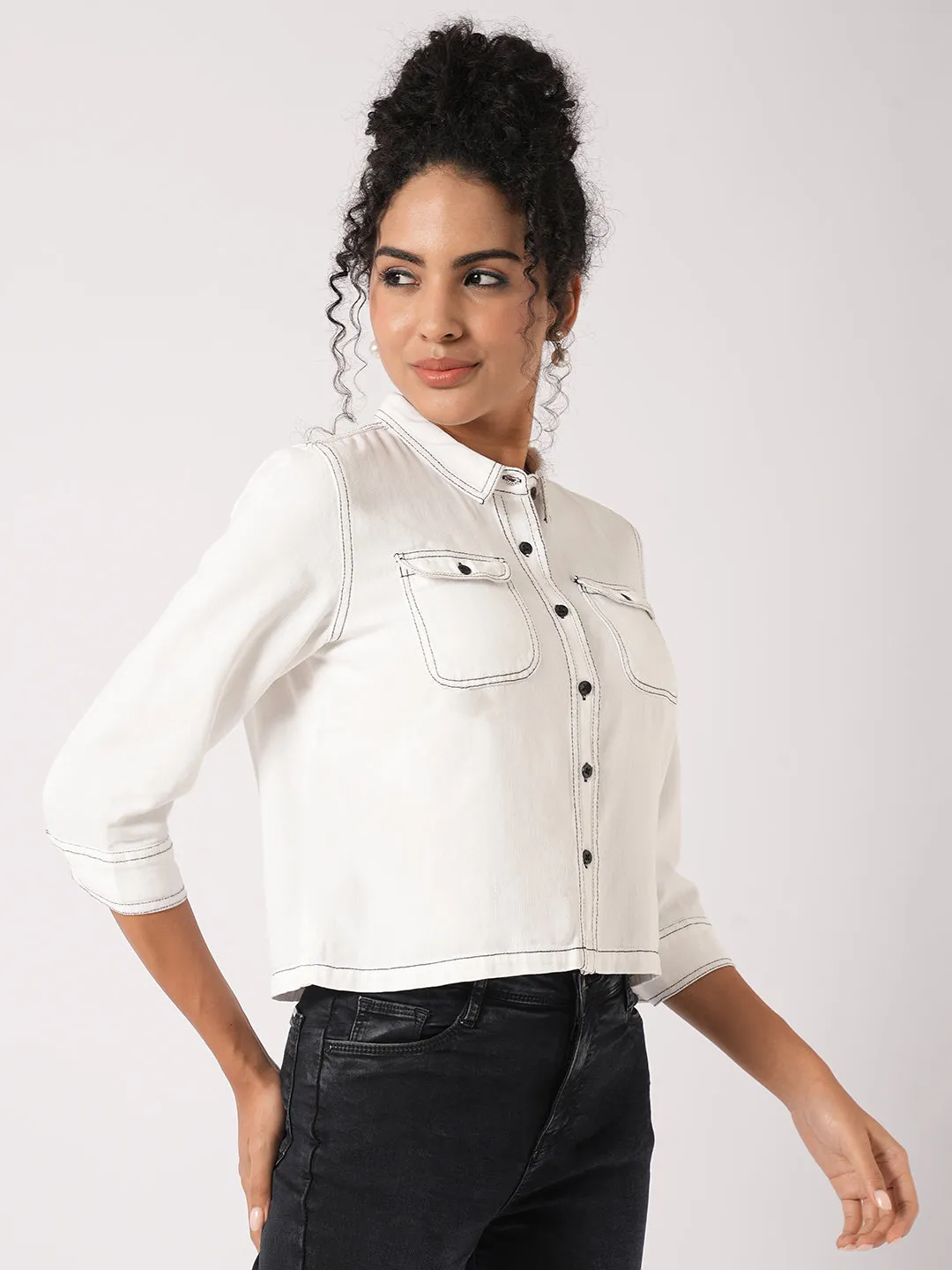 Women Slim Fit White Crop Shirt