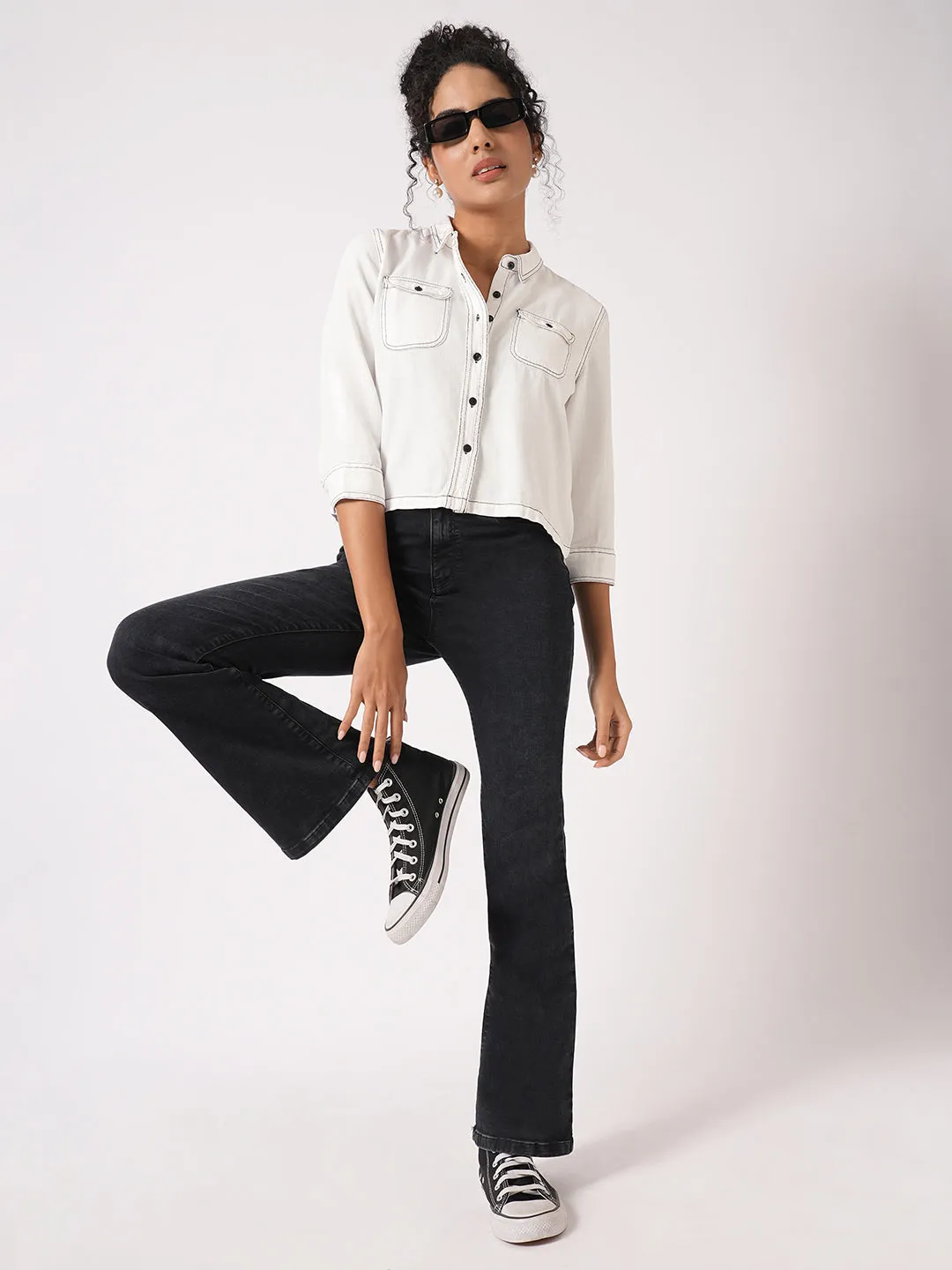 Women Slim Fit White Crop Shirt