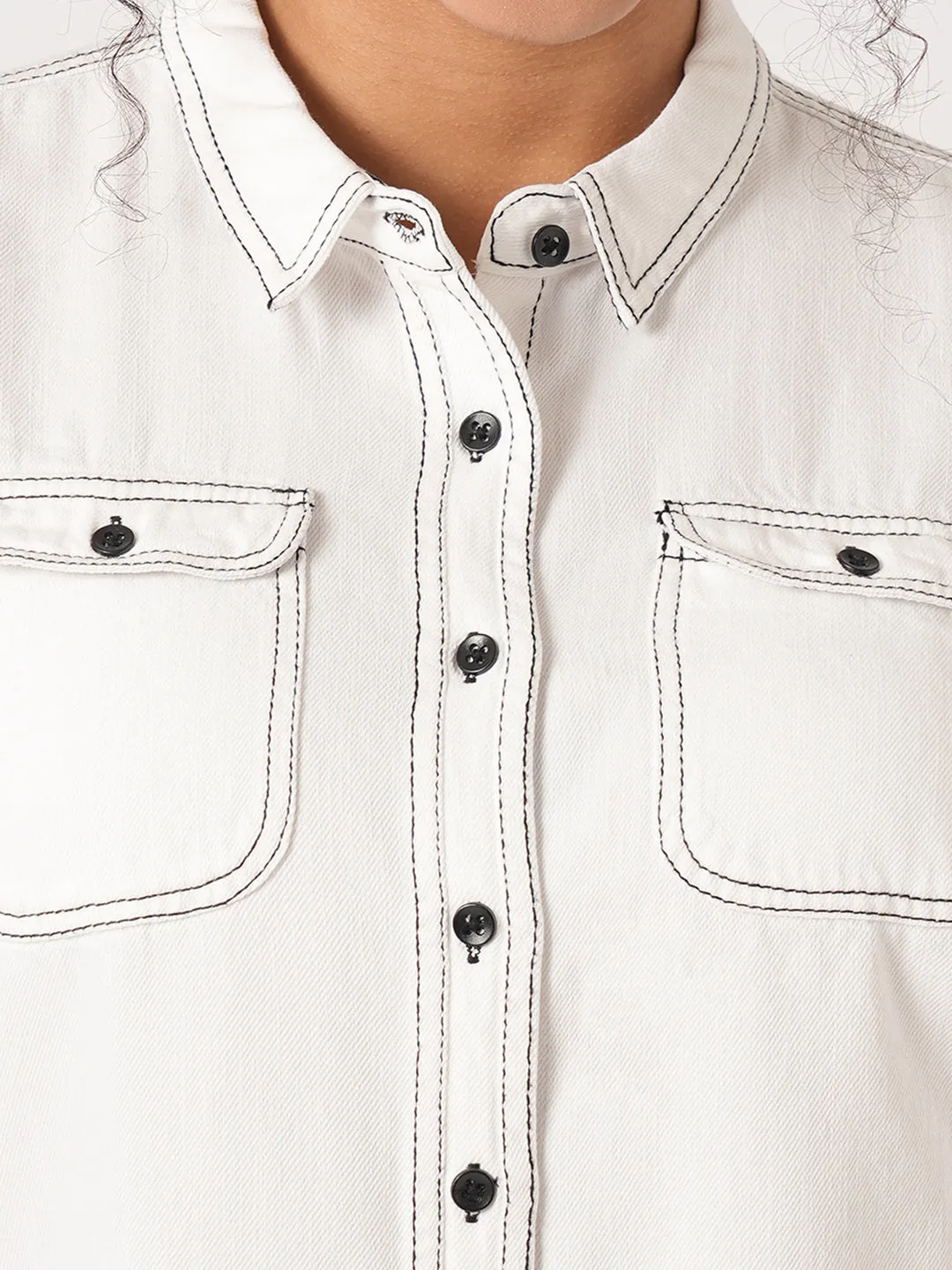 Women Slim Fit White Crop Shirt