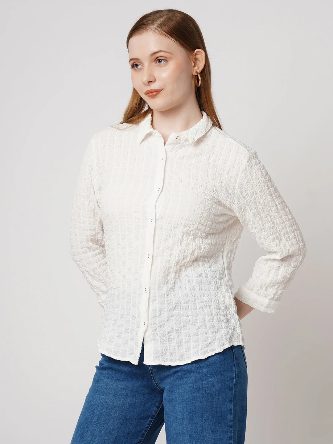 Women Solid Slim Fit OFF WHITE Shirts